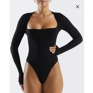 NWOT Naked Wardrobe Squared Away Long Sleeve Thong Bodysuit in Black SZ L